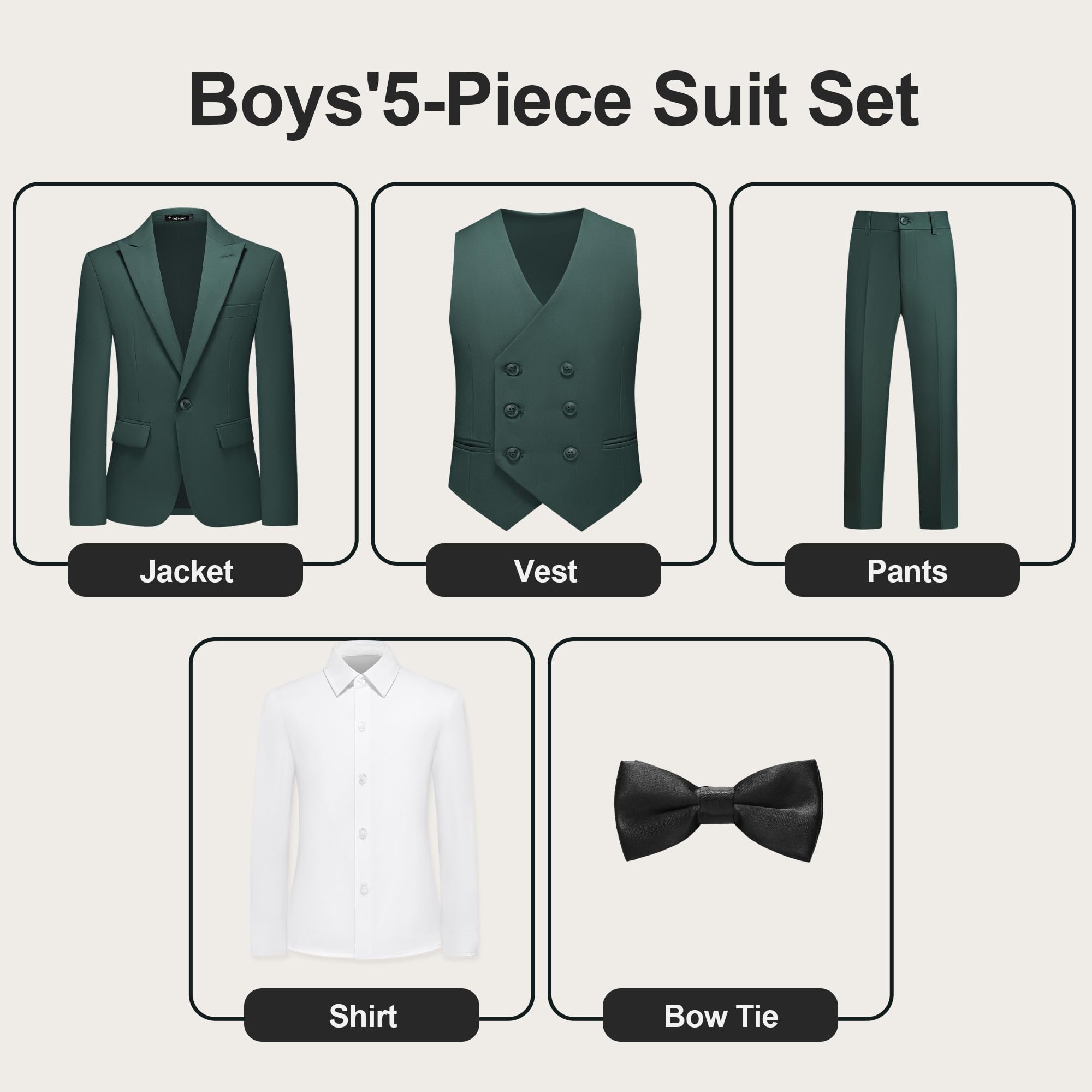 TRONSTORE Boys Slim Fit Suit 5 Pieces Ring Bearer Outfit for Kids Teen Tuxedo Suit Set for Wedding Party - Image 2