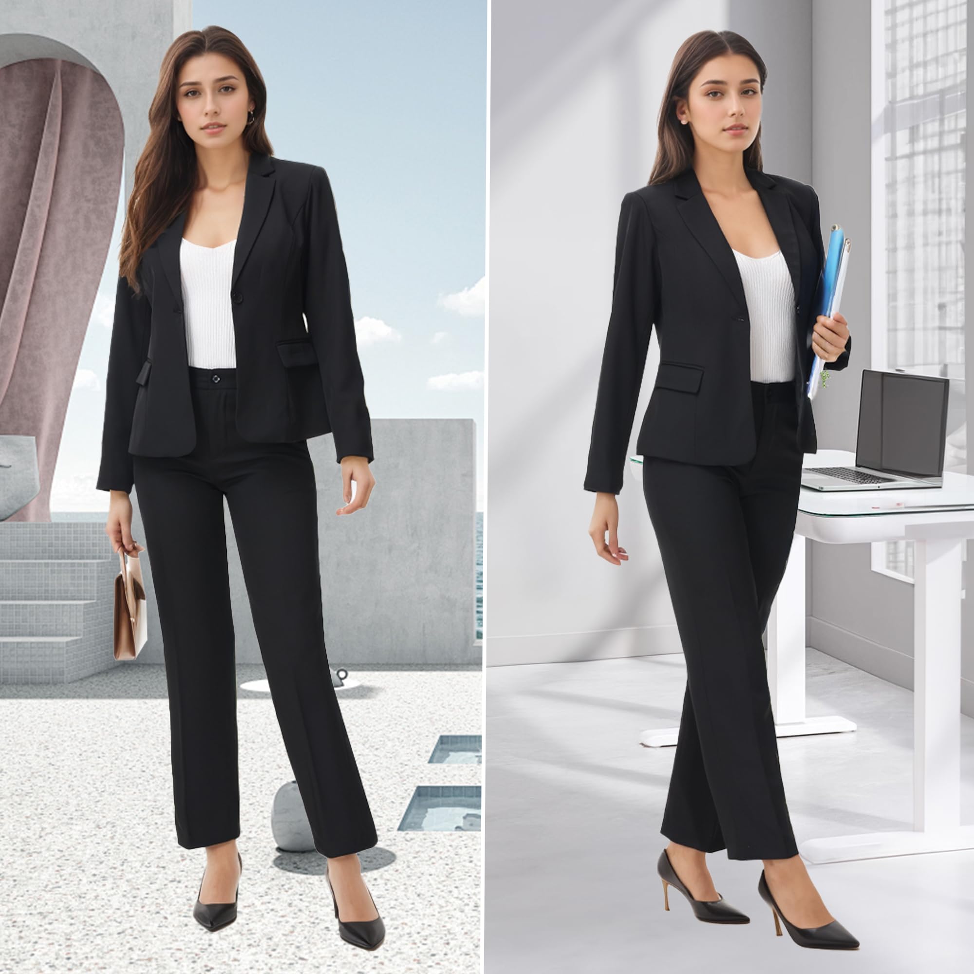 TRONSTORE Women's Business Solid Suit 2 Piece Slim Fit Classic Blazer Pants Set for Women Formal Office - Image 5