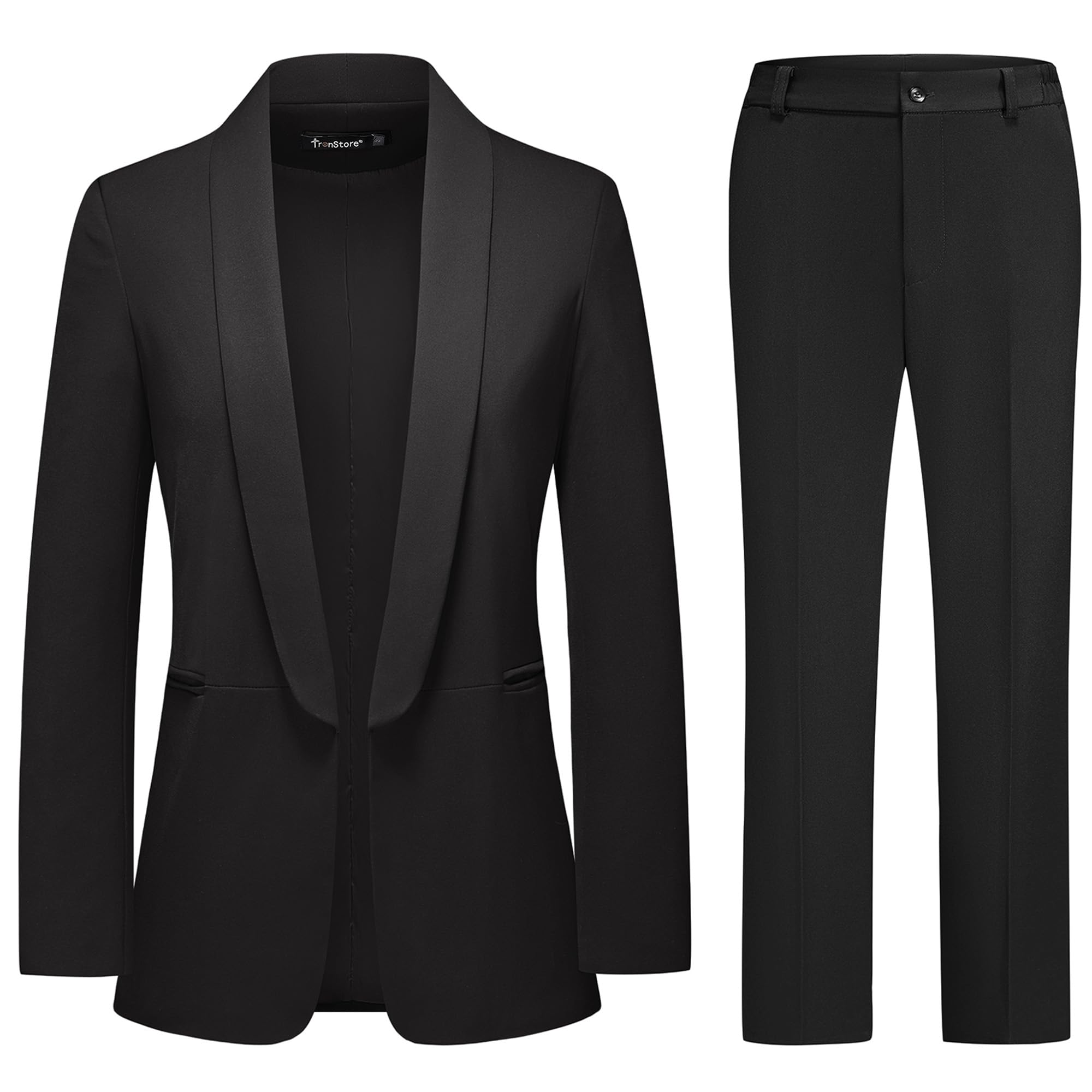 TRONSTORE Women's Pant Suits 2 Piece Set Longline Shawl Collar Blazer with No Closure for Women Business Casual Wear