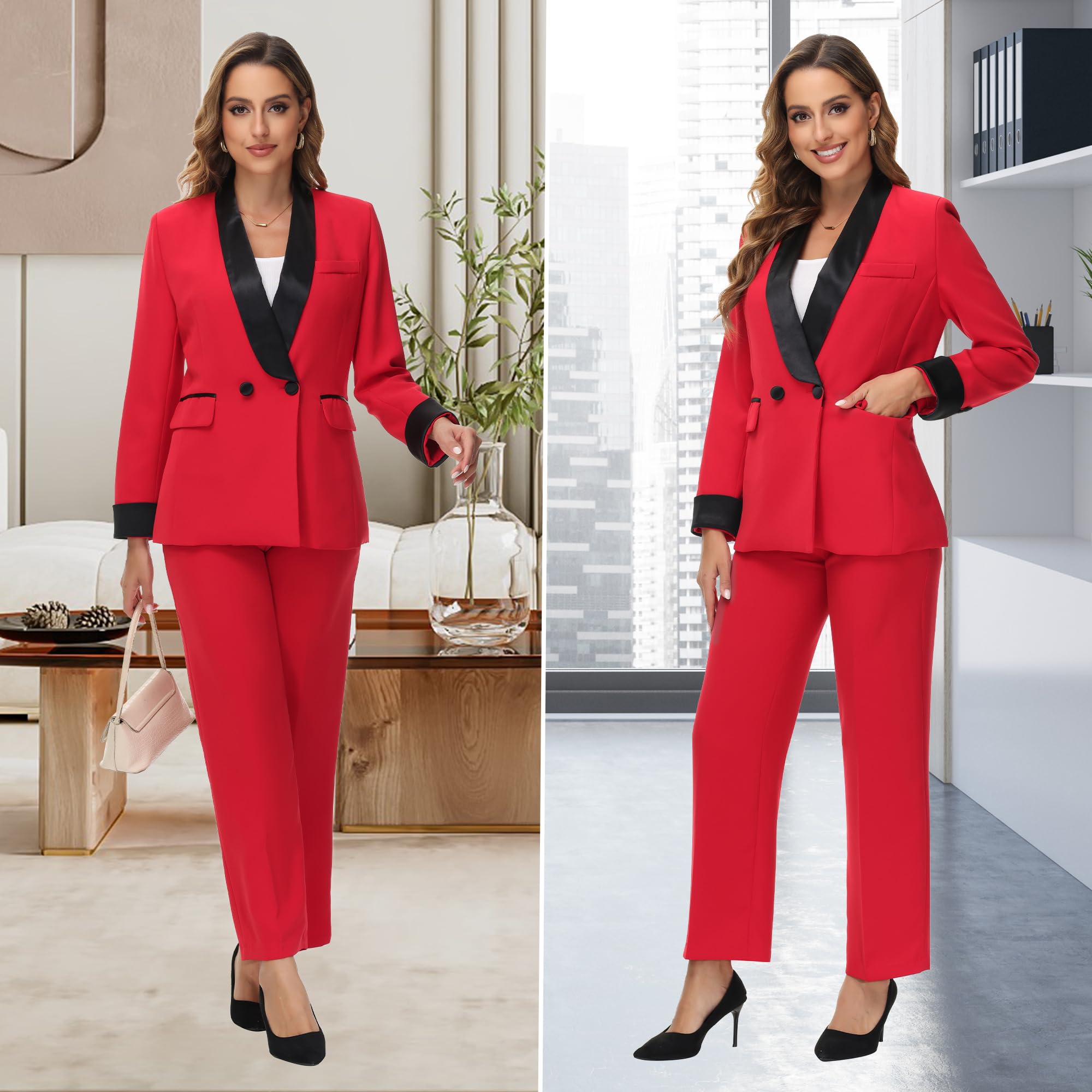 TRONSTORE Women's Pants Suit 2 Piece Set Smil Fit Jacket Shawl Sollar Blazer Dress for Women - Image 2