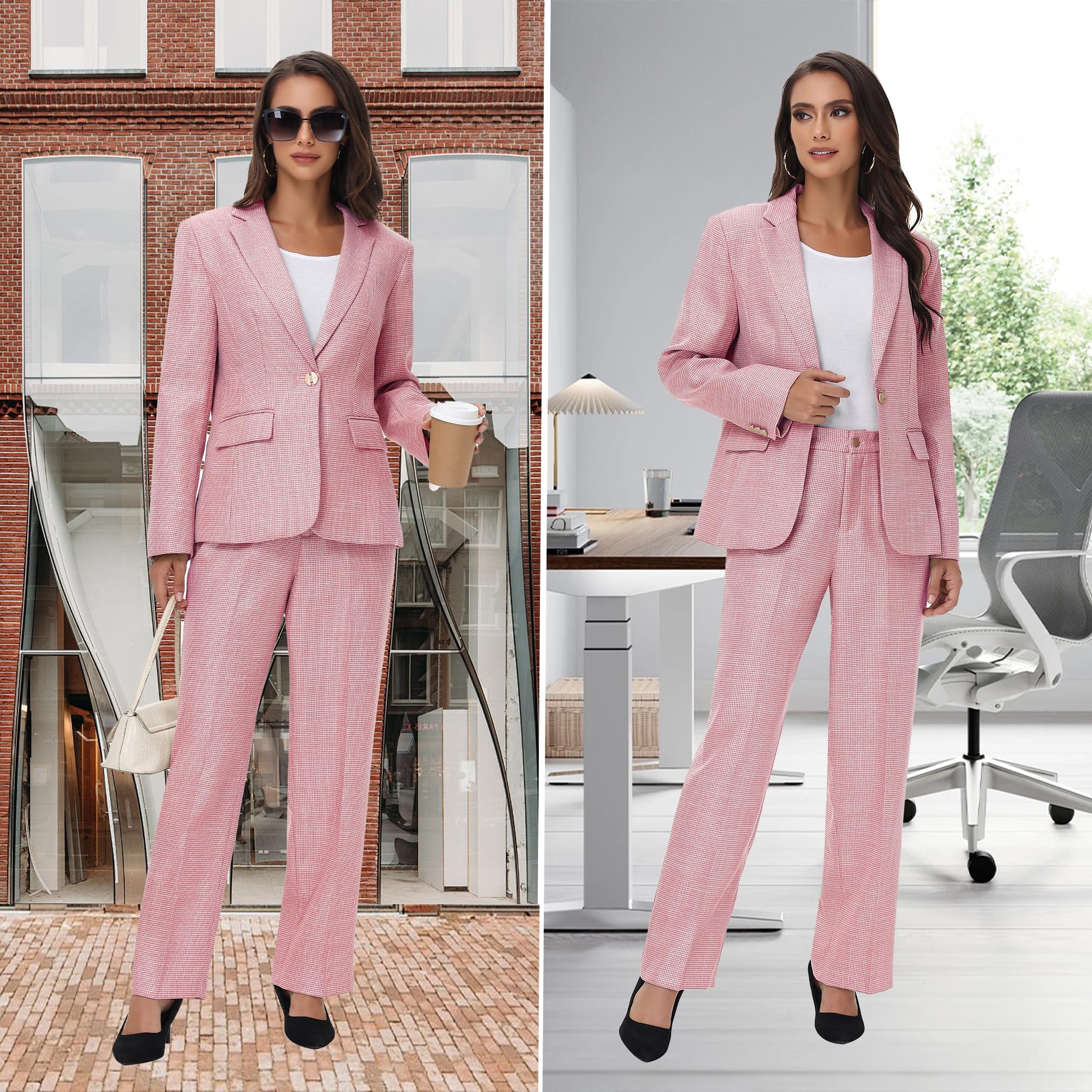TRONSTORE Women's Suit 2 Piece Set Business Pants Suit for Women Pinstripe Houndstooth Blazer - Image 3