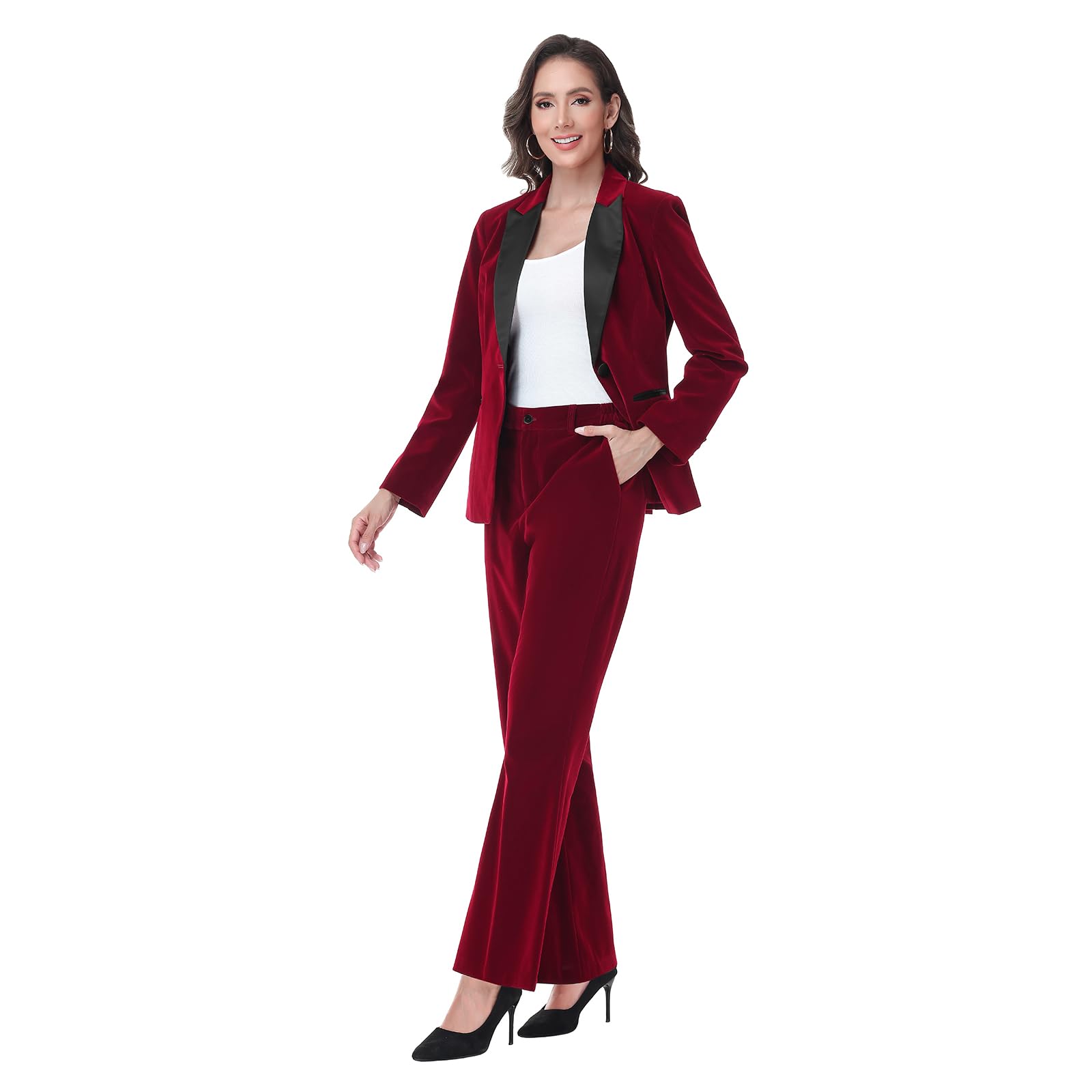 TRONSTORE Women's Velvet Suit 2 Piece Set Satin Peaked Lapel Blazer Outfits for Women Wedding Party Business - Image 5