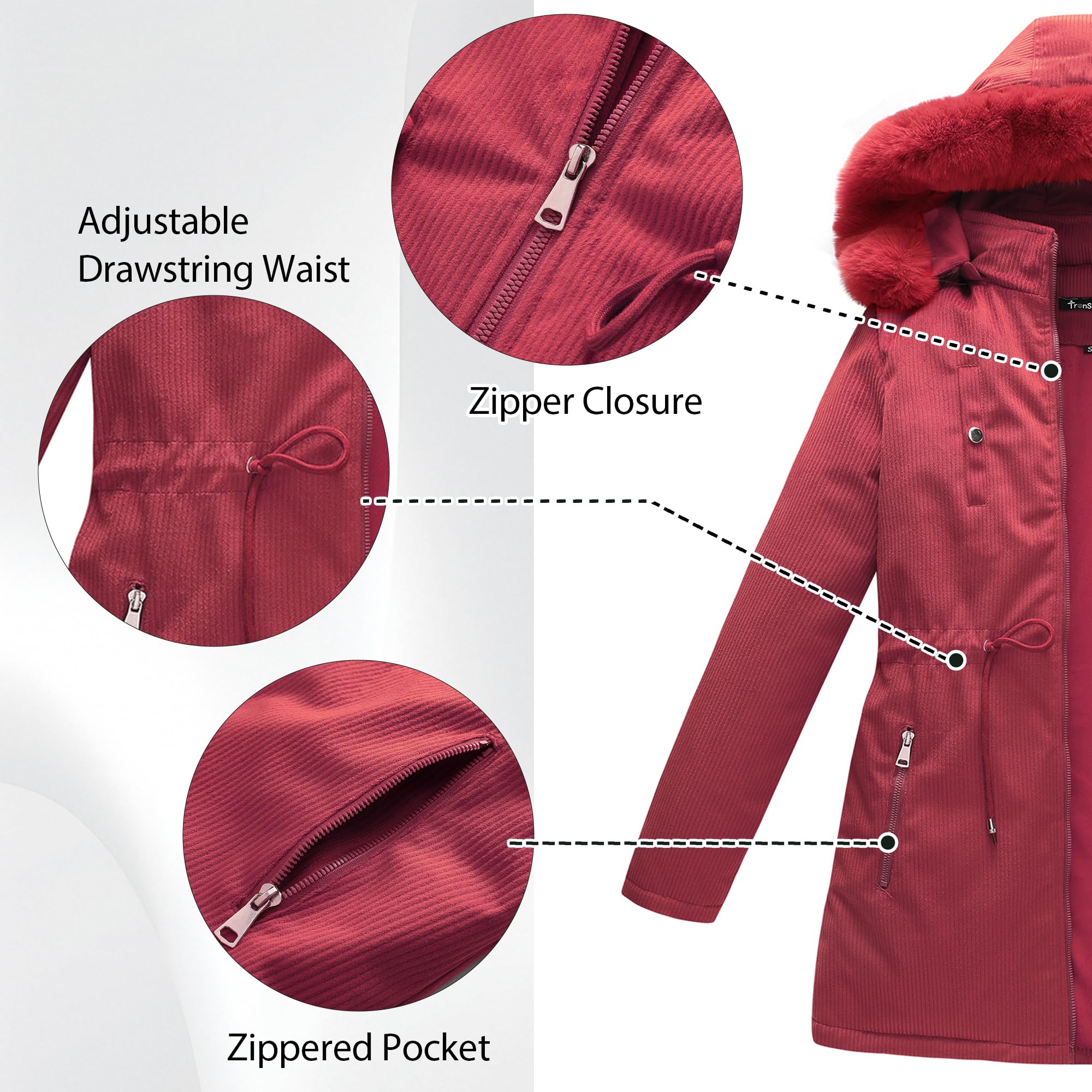 TRONSTORE Women's Winter Corduroy Coats Thicken Puffer Jackets with Detachable Hood Warm Parkas for Women - Image 3