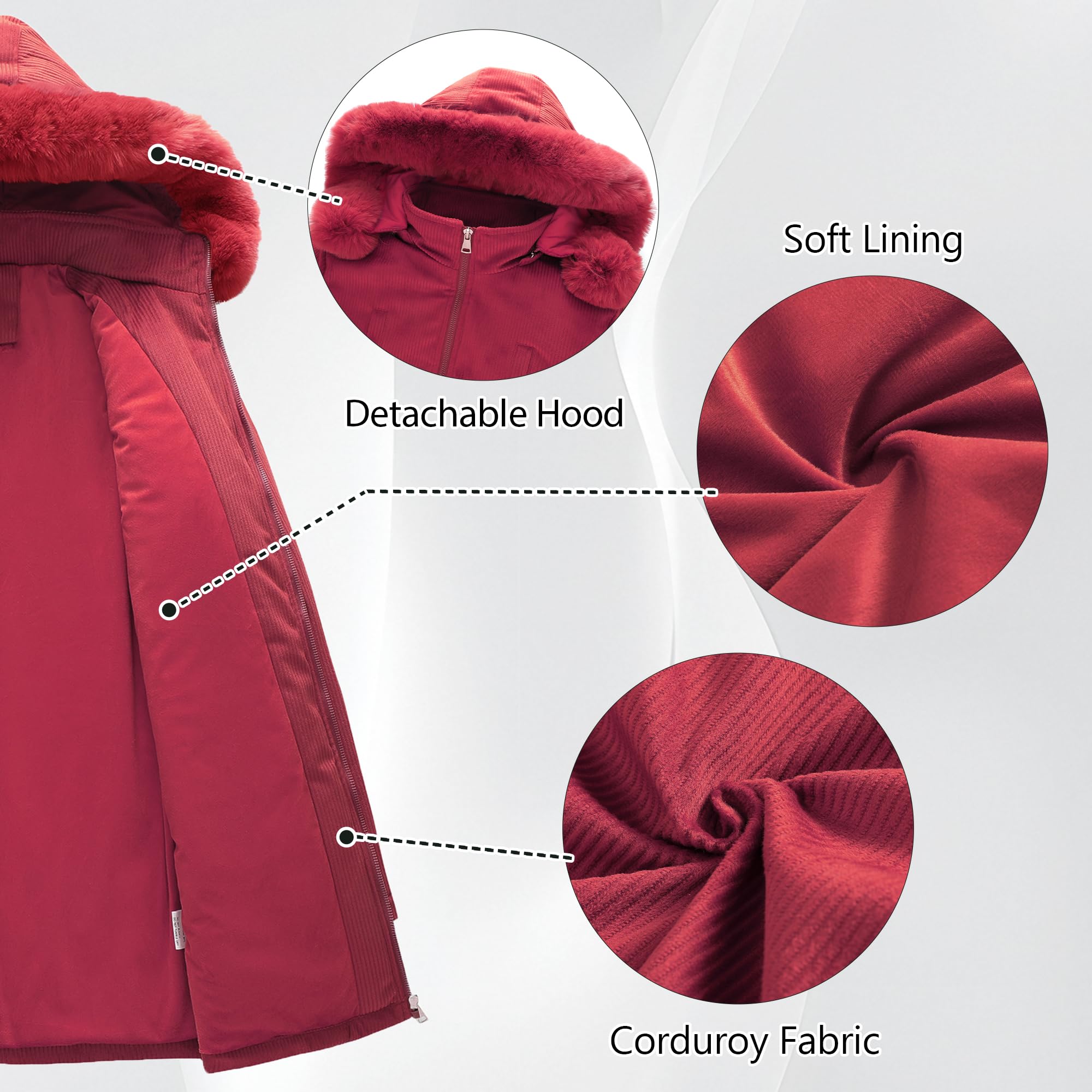 TRONSTORE Women's Winter Corduroy Coats Thicken Puffer Jackets with Detachable Hood Warm Parkas for Women - Image 4